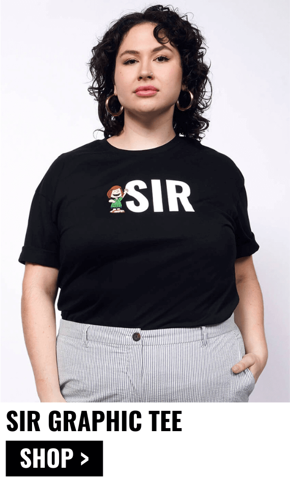 Person modeling the PEANUTS X WILDFANG Sir Graphic Tee with overlay text that reads SIR GRAPHIC TEE and button that reads SHOP.