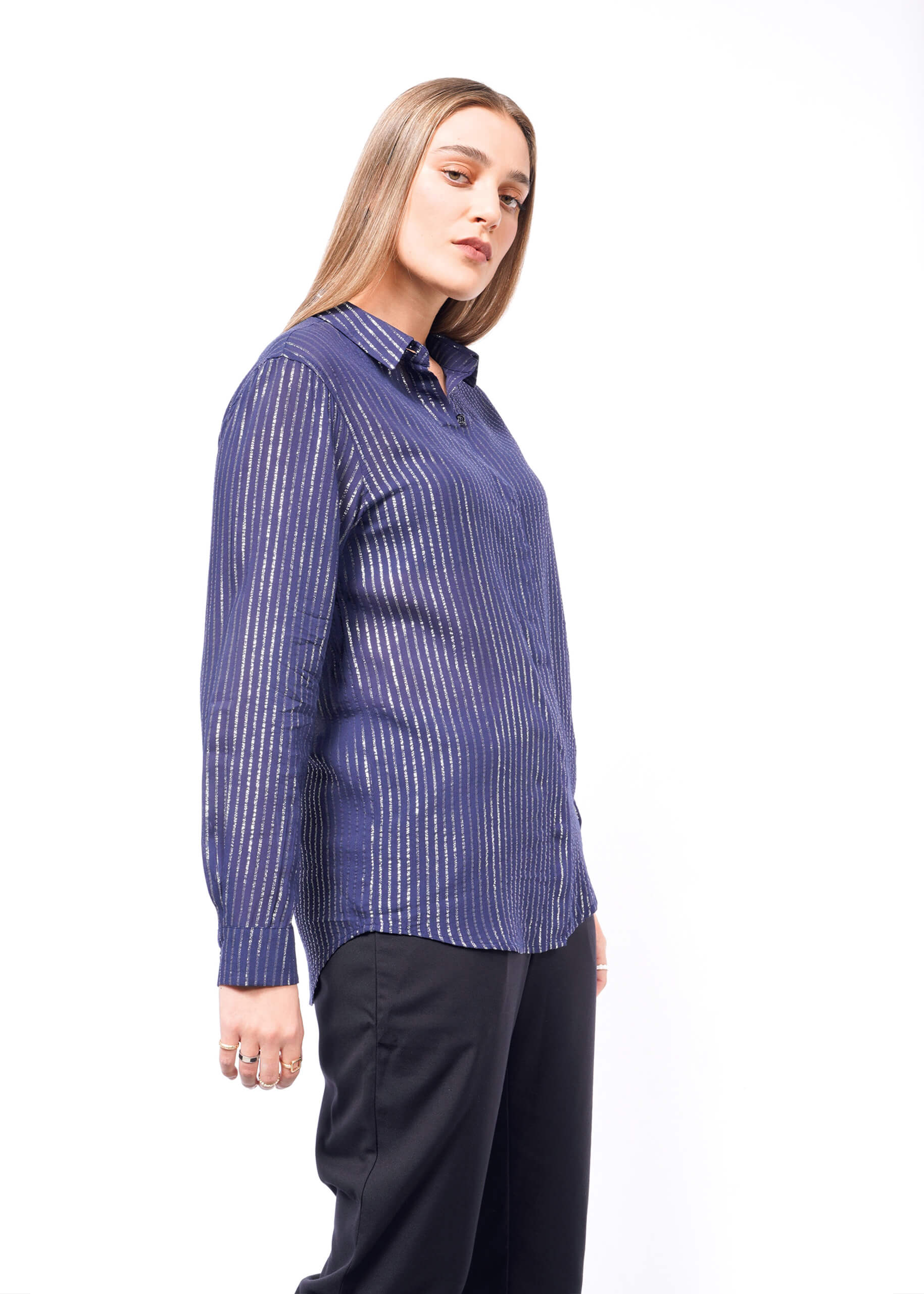 The Empower Sheer Pinstripe Long Sleeve Button Up