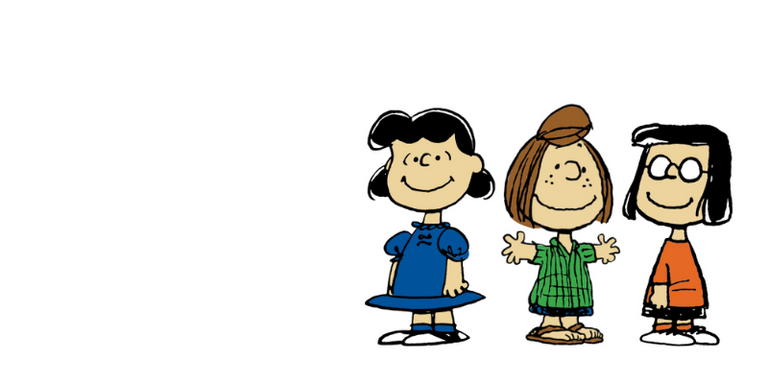 Drawings of Lucy, Peppermint Patty, and Marcie from PEANUTS on white background.