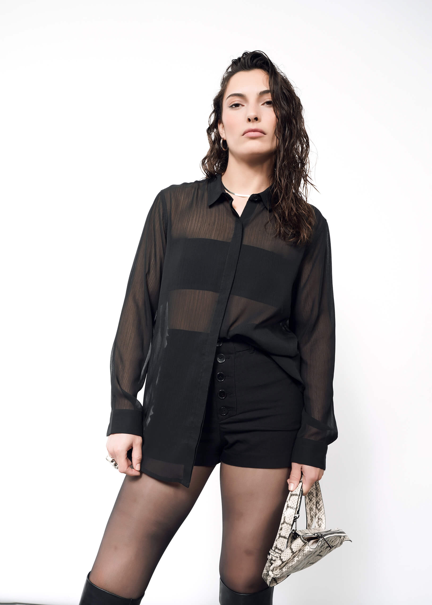 Black Long Sleeve Sheer Mesh Button Down Shirt: Women's Luxury